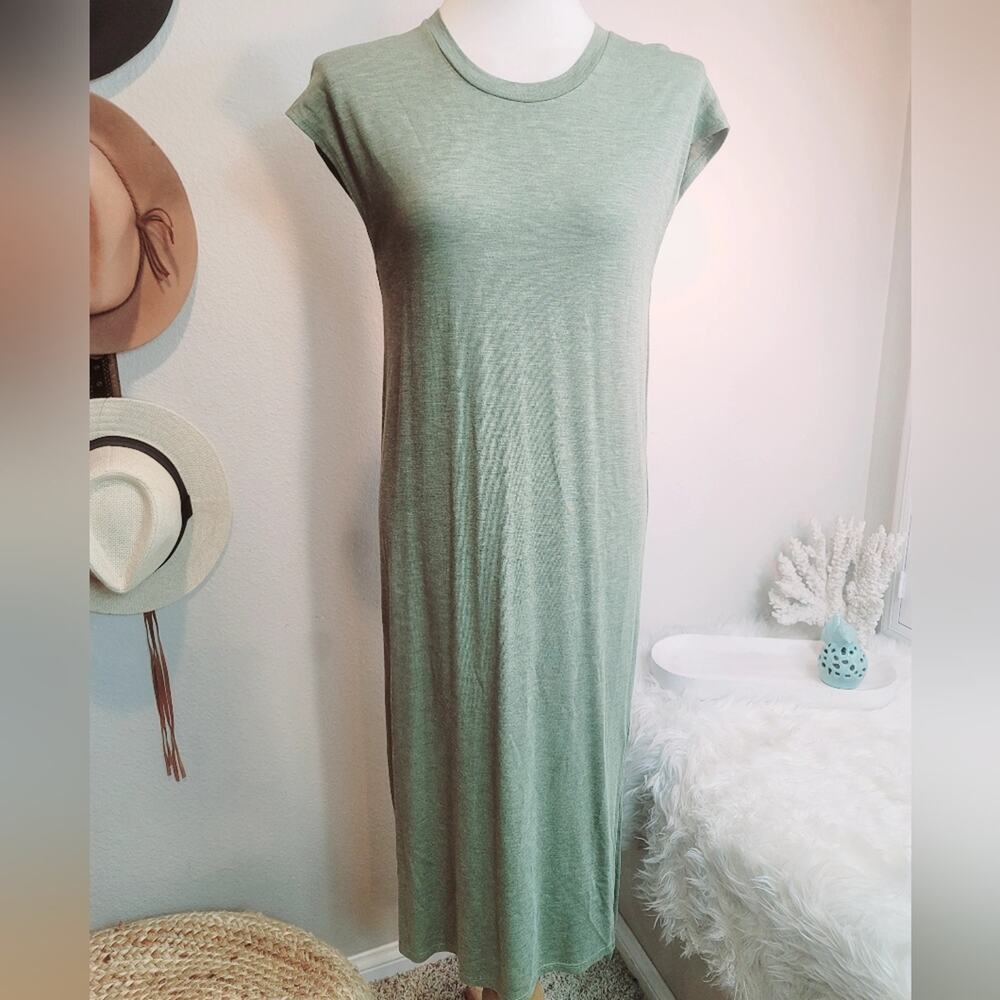 MADEWELL Pine Heather Green Muscle Midi Dress Side Slit Soft Stretch Jersey Sz M - Picture 3 of 16